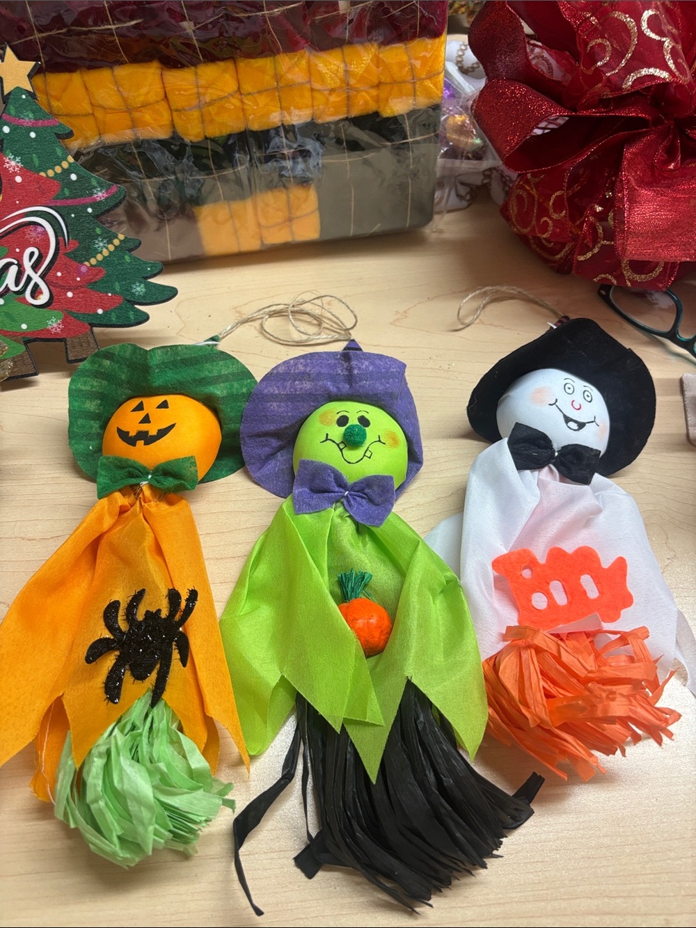 3 Halloween Kids Orange, Green & White Hanging Costume Plush Decorations